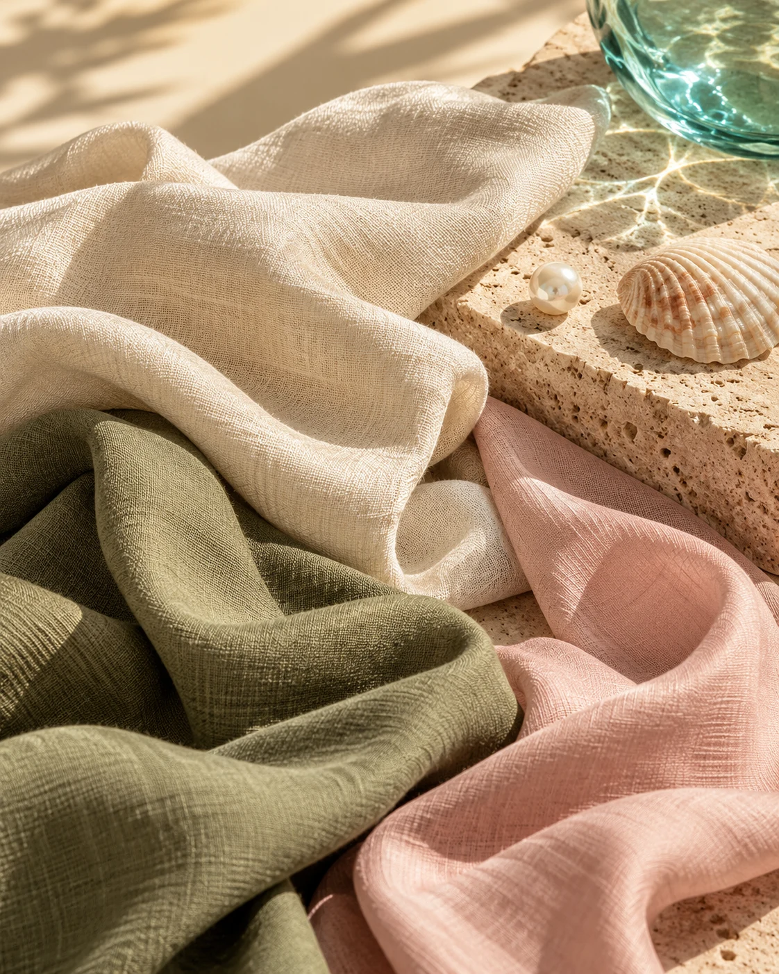 Composición editorial de textiles, una concha y tonos oliva y rosa